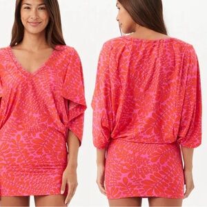 Trina Turk Swim Cover Up Dress XL NWOT Tropical Dolman Pink Orange Resort Luxe